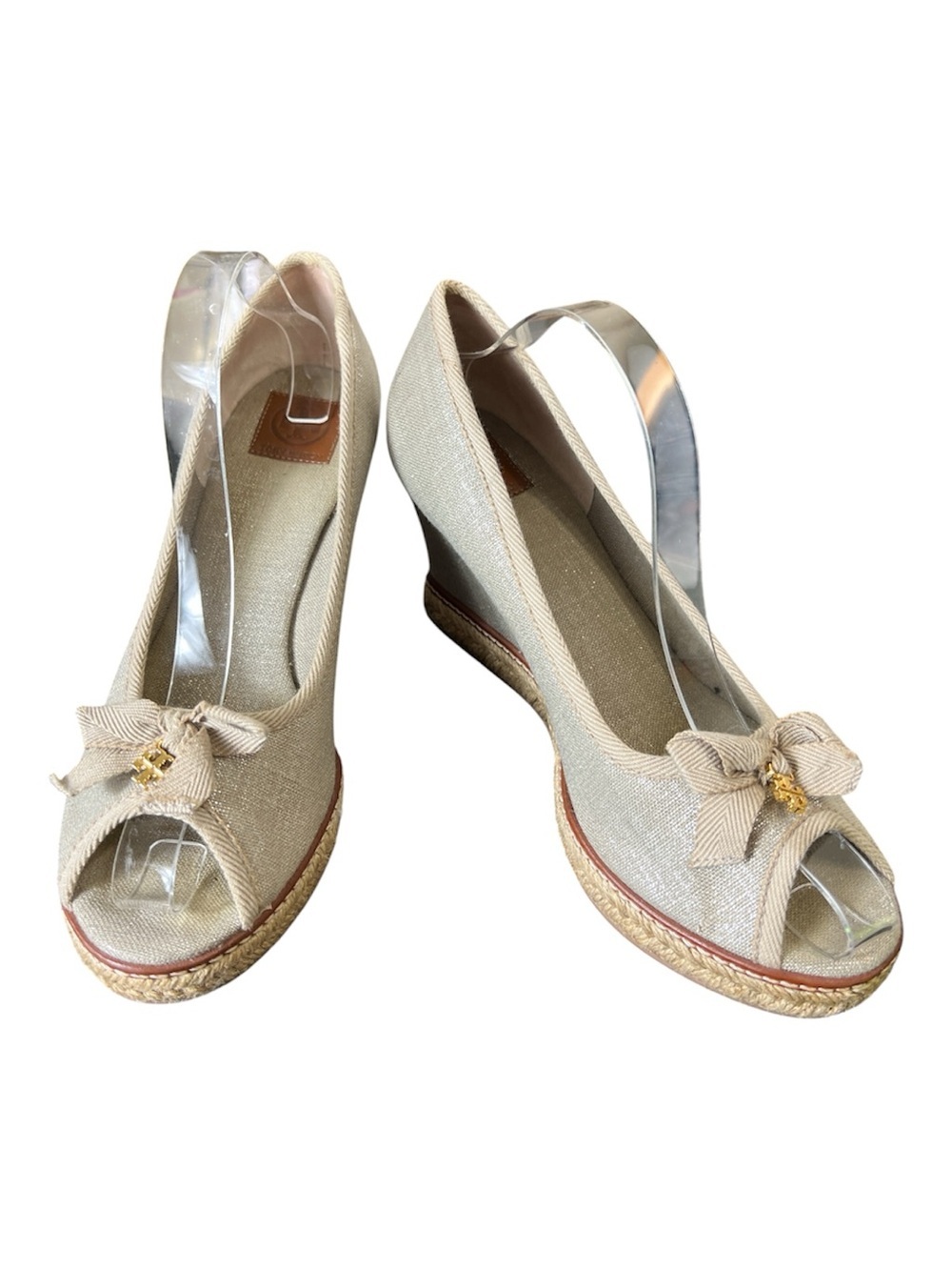 Tory Burch Sz 10.5 M Jackie Wedges Metallic Shimmer Bow Accent Tan/Taupe